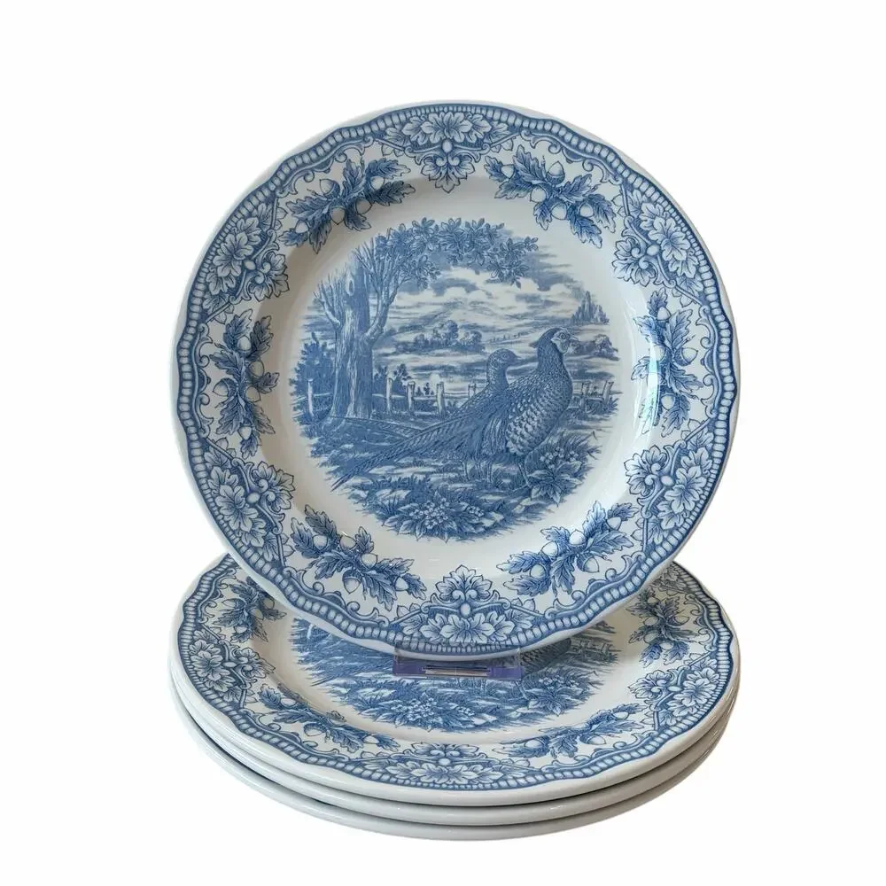 Royal Stafford Thanksgiving Pheasant Dinner Plates 11in Set of 4 Blue NEW